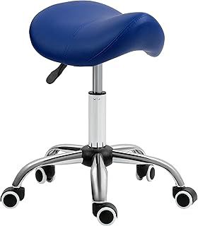 HOMCOM Cosmetic Stool 360° Rotate Height Adjustable Salon Massage Spa Chair Hydraulic Rolling Faux Leather Saddle Stool Mobility, Dark Blue
