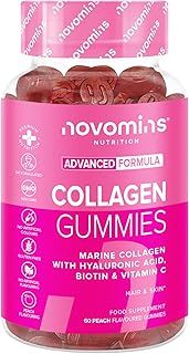 Novomins Marine Collagen Gummies - Hydrolysed Collagen Peptides with Biotin, Vitamin C & Hyaluronic Acid - Collagen Supplements for Women and Men - 60 Gummies - Collagen for Skin, Hair, Nails & Joint