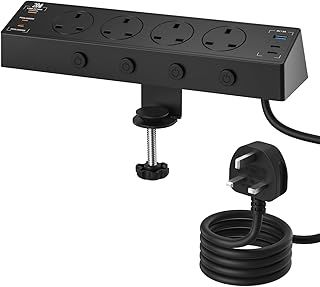 Desk Power Socket, 4 Way Extension Lead with USB C Slots 20W PD, Surge Protected Power Strip with Removable Clamp, Individual Switches, 2M Cable, Black