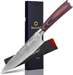 Sunnecko Utility Knife 5.5 Inch, Sharp Paring Knife for Fruit with Sheath, Small Kitchen Knives High Carbon Steel Damascus Pattern Blade, Pakkawood Handle for Home Kitchen