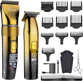 Hatteker Professional Hair Clippers and T-Blade Trimmer Kit for Men Cordless Beard Barber Clipper Hair Cutting Kit Haircut Grooming Kit IPX7 Waterproof(Gold)