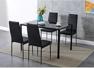 Dining Table and Chairs 4 Seater with Glass Room Leather Kitchen Furniture Set (Black Table120cm + 4 Black Chair)