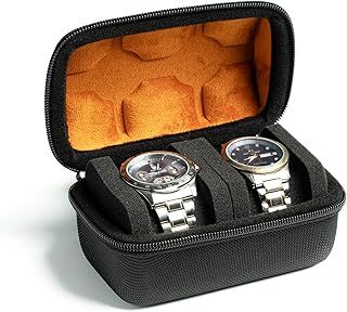 2 slot watch Roll Travel Case for men, Hard Zipper Organizer box for Large watch with anti-move watch pillow (Black 2slot microfiber lining)