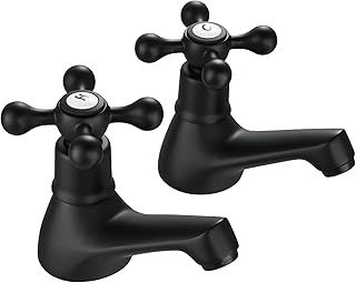 Wasserrhythm Basin Pillar Taps Pair Black Mixers Victorian Twin Bathroom Sink Tap Traditional Cloakroom Mono Cross Lever Two Holes