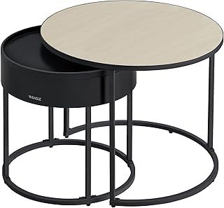 VASAGLE Coffee Tables, Set of 2 Round Side Tables, Nesting Tables, Modern Style, Hidden Storage and Top Tray, for Living Room, Bedroom, Balcony, Natural Beige and Ink Black LCT044K67