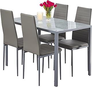 5 Pieces Marble Glass Dining Room Set for 4 Rectangular Dining Table with Chair Set 4, Marble Kitchen Table with Chairs for Dinette, Apartment and Small Space