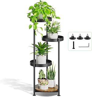 4 Tier Plant Stand Indoor Outdoor, Metal Plant Pot Stands Tall Flower Shelf for Multiple Plants, Tiered Plant Holders Rack Stand for Garden Balcony Patio Living Room (Black)