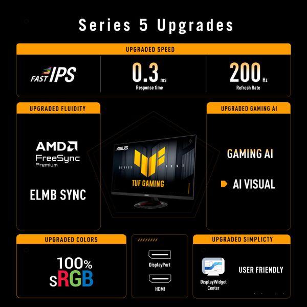 ASUS TUF Gaming Series 5 - VG279Q5R Gaming Monitor – 27-inch, Full HD(1920x1080), 200Hz, Fast IPS, ELMB, 0.3ms GTG (min.), Stereo speaker, DisplayWidget Center, AI Visual