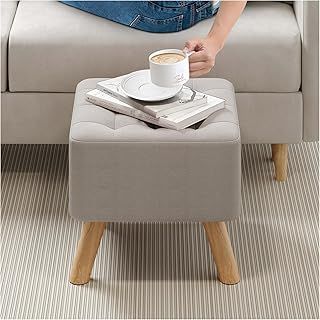 INMOZATA Linen Fabric Footstool Square Upholstered Stool Pouffe Stool Change Shoe Footrest Wooden Legs for Living Room Bedroom (Beige)