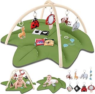 Lilian&Gema Leaf-Shaped Baby Play Mat with 8 Hanging Toys, Baby Gym Play Mat 0-18 Months, Baby Mats for Floor Play, Tummy Time Toys, Promotes Infant Motor Skills and Sensory Exploration (111 x 110cm)