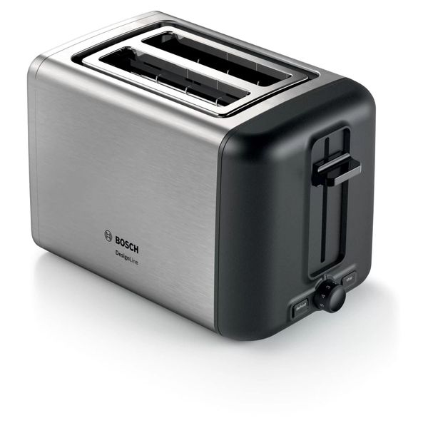 Bosch DesignLine 2 Slice Stainless Steel Toaster, TAT3P420GB, Silver/Black