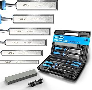 8-Pc Chisel Set w/Storage Case, Wood Carving Tool Kit, Whetstone & Grinding Aid for Tools Sharpening, Professional Woodworking Carpenter Chisels w/Ergonomic Handles