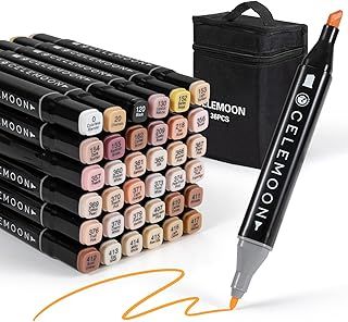 CeleMoon 36 Skin Tone Colors Dual Tips Sketch Art Alcohol-based Markers Pens, Fine & Broad Chisel for Coloring, Drawing, Illustration, Cartoon Hair Shades
