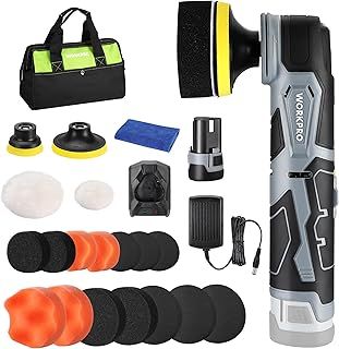WORKPRO Cordless Car Polisher, 12V Mini Buffer Polisher Kit with 5 Variable Speed Up to 3000RPM, Mini Car Detailing Polisher for Detailed Polishing, Sanding and Waxing, Buffer & Sander Machine Kit