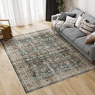 Dripex Washable Living Room Rug Large 160x230cm, Green Vintage Rug for Living Room, Machine Washable Rug for Bedroom Non Slip Bedroom Rug Luxury Soft Traditional Rug for Living Room
