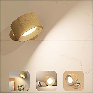 Wall Light LED Wall lamp with Rechargeable Battery Operated, Touch Control 3 Brightness Levels 3 Color Modes Wall Sconces 360° Free Rotation Mordern Dimmable for Living Room Bedrooms Woodgrain
