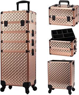 Joligrace 4 in 1 Vanity Cases for Women Make Up Box Organiser Hairdressing Beauty Trolley on Wheels Nail Varnish Storage with Locks and Wheels in Fashion Rose Gold Color