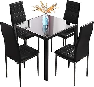 Jooli Glass Table and Chairs Set 4, 75cm Square Table with 4 Faux Leather High Back Chairs Modern Dining Room Sets for Home Kitchen Office, Black