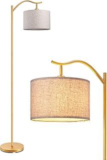 EDISHINE LED Floor Lamp, 63" Standing Lamp with Adjustable Linen Lampshade, Modern Arc Floor Lamp for Living Room Bedroom Lounge, Bulb Included, E27 Socket, Gold