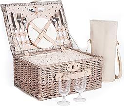 Woodluv Luxury 4 Person Wicker Chiller Picnic Hamper Basket Easy Carry Handle With Cooler Compartment & Removable Bottle Cooler