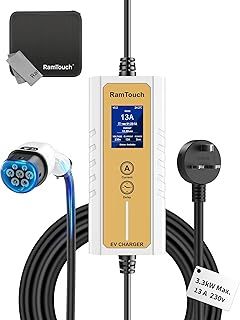 RamTouch Electric Vehicle Charger (3kW, Type 2, UK 3 Pin Plug, 6.5m), Portable EV Charger with 6A/8A/10A/13A Adjustable and Scheduled Charging, Compatible with EVs and Hybrids, Home & Outdoor Use