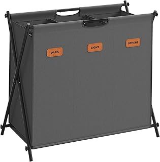 SONGMICS Laundry Hamper, Laundry Basket, 135 L Laundry Sorter 3 Sections, Collapsible X-Frame, Clothes Organiser with Customisable Labels, Laundry Room, Bedroom, Bathroom, Slate Grey LCB130G01