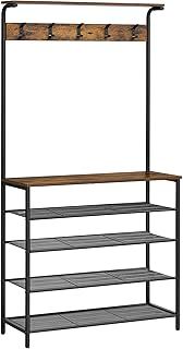 VASAGLE Clothes Rack, Hallway Tree with Shoe Storage, 5 Tier Shoe Rack, Different Height, 5 Double Hooks, Top Shelf, Dormitory in the Corridor Industrial Rustic Brown and Black HSR408B01