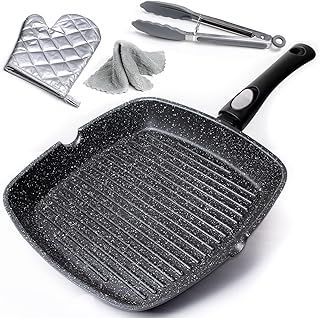 Chef Wonderful Non-Stick Griddle Pan for Induction Hob with Glove & Cloth. Aluminium Steak Pan (28cm) Marble Coating & Detachable Handle for All Induction Hobs. Suitable for Gas & Oven Grilling