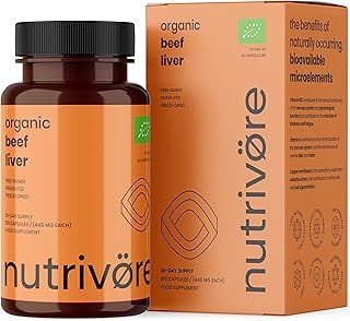 Nutrivore Organic Grass Fed Beef Liver Supplement - Natural Source of Bovine Collagen (180 Capsules) Bioavailable Vitamins A, D, E & K. Rich in Heme Iron. 100% Beef Raw Freeze-Dried