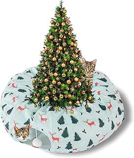 Hudson Comfort Cat Donut Tunnel for Christmas Tree – Christmas Themed Cat Tube for Holiday Season – Ultra-Soft Plush Velvet Cute Cat Tree Tunnel Skirt with Ball Toy – Non-Slip Bottom Cat Pillow
