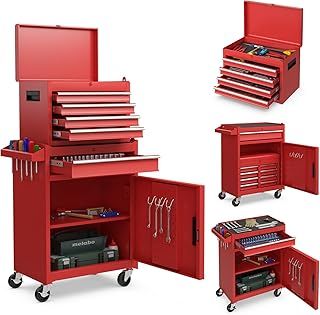 GiantexUK Tool Cabinet, 2 in 1 Lockable Metal Tool Chest with Removable Top Cabinet, Wheels, 5/6 Drawers, Pegboard & Hooks, Heavy-duty Rolling Tool Box Trolley (with Adjustable Shelf, Red)