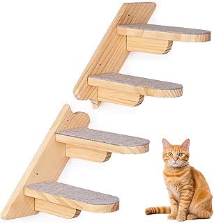 Wall Mounted Cat Climbing Shelf,Cat Stairs Ladder Furniture,Wooden Four Step Cat Stairway with Plush Covered,Cat Wall Furniture Cat Climbing Shelf for Climbing Sleeping Playing