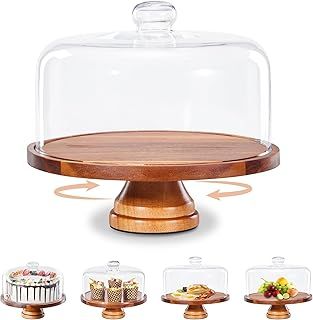 Yangbaga Glass Cake Stand with Lid,11in Wooden Rotating Cake Stand with Dome Cover, Cake Plate Display Server Tray for Birthday Kitchen Party Baking Gifts