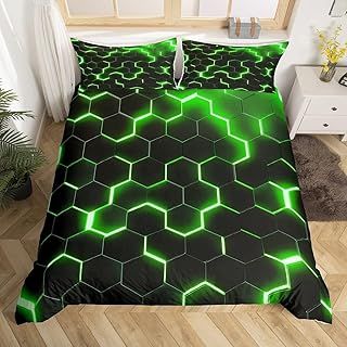 Homewish Geometric Duvet Cover Single Size,Teen Boys Green Black Neon Light Honeycomb Bedding Sets,Geometry Hexagon Comforter Modern Fashion Bedspread 1 Pillow Case Home Room Decor