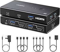 UGREEN HDMI KVM Switch, USB 3.0 KVM Switches Support 4K@60Hz for 2 PC Share 1 Monitor and Keyboard/Mouse/Hard Drives/Printer, 4 Port HDMI KVM Switcher with Power Adapter and Desktop Controller