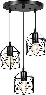Vintage 3-Lights Ceiling Lamp Adjustable Hanging Pendant Lights Industrial Flush Mount Ceiling Lighting Fixture E27 Base Black Geometric Ceiling Hanging Lamp for Kitchen Dinning Room Hallway