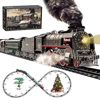 Hitish Train Set for Kids, Electric Train Toys with Realistic Light Sounds Smoke, Christmas Train Model Gifts for Toddlers Boys Girls, Steam Locomotive, Luxury Track & 2 Glowing Passenger Carriages