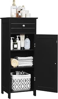 Bathroom Floor Cabinet, Wood Storage Cupboard with Drawer, Adjustable Shelf & Magnetic Door, Freestanding Toilet Organizer Unit for Bedroom Living Room Entryway(Black,7-Position Adjustable)