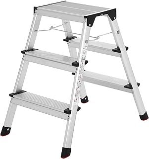 SONGMICS Ladder, 3 Step Ladder, Aluminium Ladder with 3 Non-Slip Steps, Multi-Purpose, Max. Load Capacity 150 kg, Silver Grey and Ink Black GLT23K