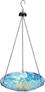 Mumtop 11 Inch Hanging Glass Bird Bath with Peacock Outdoor Bird Feeder for Garden Yard Decoration