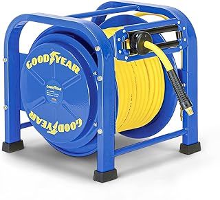 Goodyear Air Hose Reel Retractable 9.5mm x 30m 20BAR Max SBR Rubber Hose Heavy Duty Portable Quad Pod Industrial Steel Construction