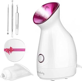 Facial Steamer, Wolady Nano Ionic Face Steamer for Pores with UV Light Hot Mist Moisturizing Sprayer Home Sauna SPA Bonus Blackhead Extractor Kit (Pink)