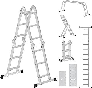 SONGMICS 3.5 m Ladder, Multi-Purpose Aluminium Ladder with 2 Metal Plates and 12 Steps, Articulated, Holds up to 150 kg, Silver GLT36M