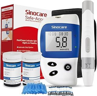 Blood Sugar Monitor, Sinocare Safe Accu2 Blood Sugar Test Kit with 100 Test Strips, 100 Lans, Light Indicator, No Coding, Easy to Use, Diabetes Testing Kit Home Use UK, mmol/L