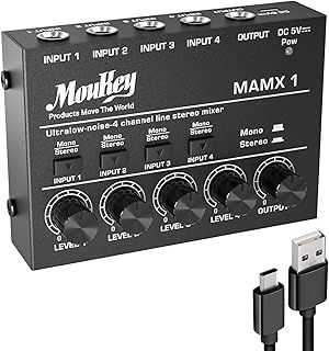 Compact Studio Audio Stereo Mixer, 4 Channels DC 5V for Clubs Bars Stage Mixing Desk Guitar Bass Keyboard, MAMX1