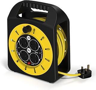 SLx Outdoor Extension Lead, 25m, 4 Socket Extension Reel, Heavy Duty Extension Cable, Thermal Cut Out, Extension Lead for Garden Lawn Mower Office, 13A Fused UK Plug