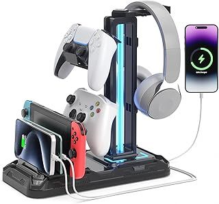 Headphone Stand - Rotatable Controller Holder with Wireless Charging & 9 Light Modes, Gaming Headset Stand with 2 USB and Type C Ports - Controller Stand for Gamers Desktop Accessories (Black)