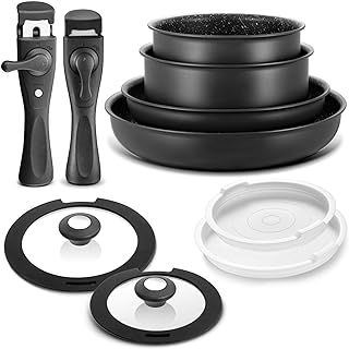 BEZIA Induction Hob Pans Set, Nonstick Pots and Pans Set 10 Pieces, Saucepan Sets with Detachable Handles, Stackable Cookware Set for All Hobs