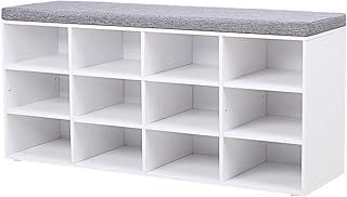 VASAGLE Shoe Bench, Storage Bench with Padded Seat, with Cushion, 12 Compartments, Adjustable Shelves, for Living Room, Hallway, 30.3 x 104 x 48 cm, Classic White LHS012W14