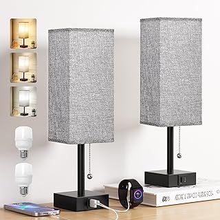 Aooshine Bedside Lamps Set of 2, Bedside Lamps with USB A+C Ports, Table Lamp for Bedroom with 3-Color Modes, Pull Chain Lamp with Grey Square Fabric Shade for Bedroom Living Room (Bulb Included)